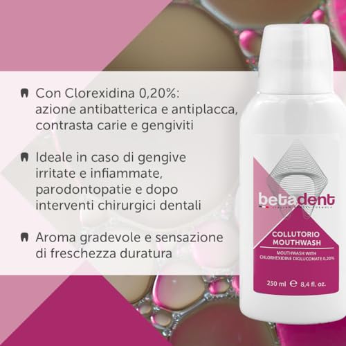 Betadent 2 Mundspülung mit Chlorhexidin 0,20%, gegen Plaque, Karies, Zahnfleischentzündungen. Ideal bei gereiztem und entzündetem Zahnfleisch und nach chirurgischer zahnärztlicher Behandlung. 2 x 250 – Bild 3