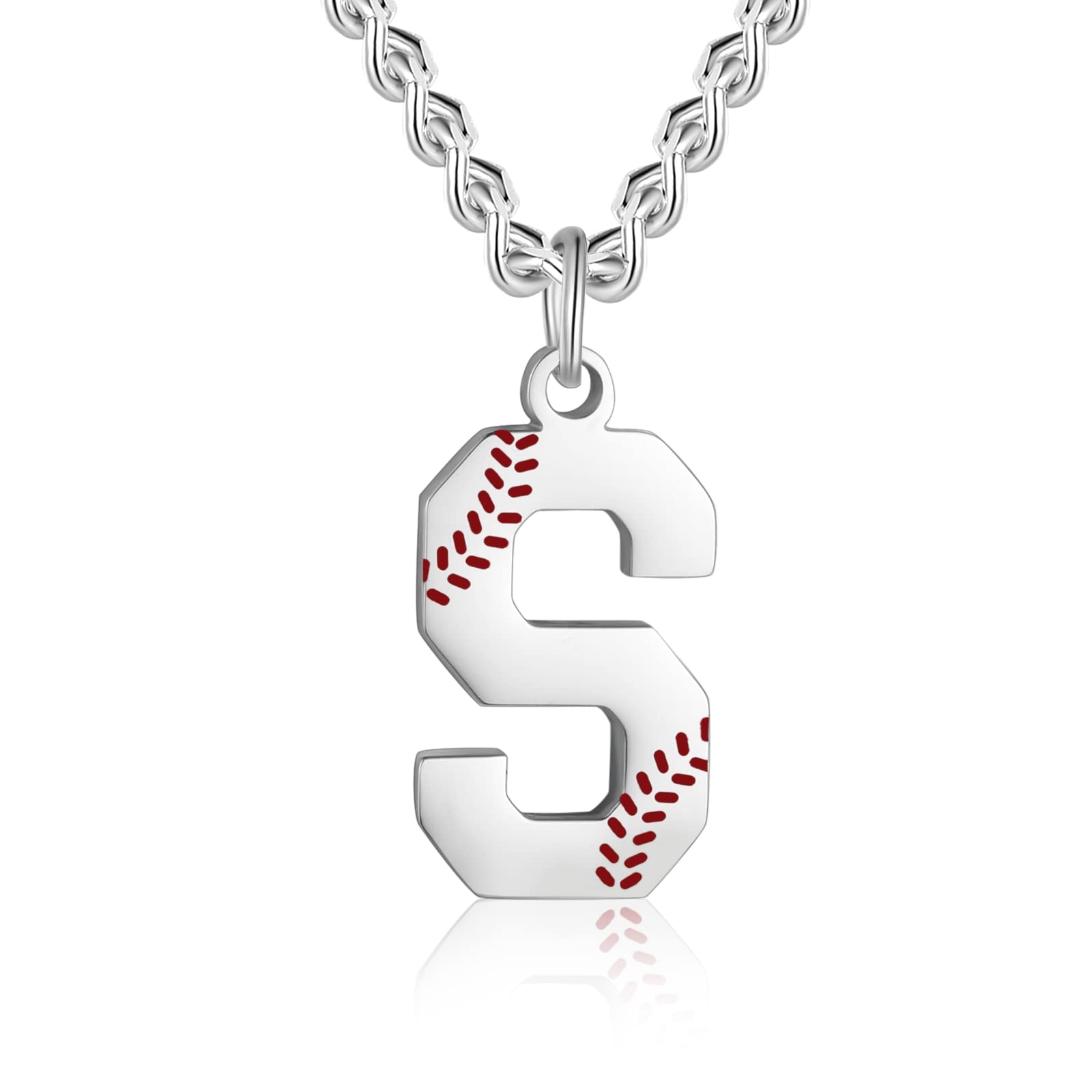 AIAINAGIBaseball Initial A-Z Letter Necklace - Men's Baseball Charm Pendant in Stainless Steel Silver Chain, 22inch Personalized Gift