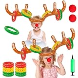 Aufblasbares Rentiergeweih-Spiel, Weihnachten Aufblasbares Ringwurfspiel, Rentier Geweih Aufblasbar, 2 Stück Aufblasbares Geweih mit 12 Ringe und 1 Luftpumpe, Kinder Wurfringen für Weihnachtsfeiern