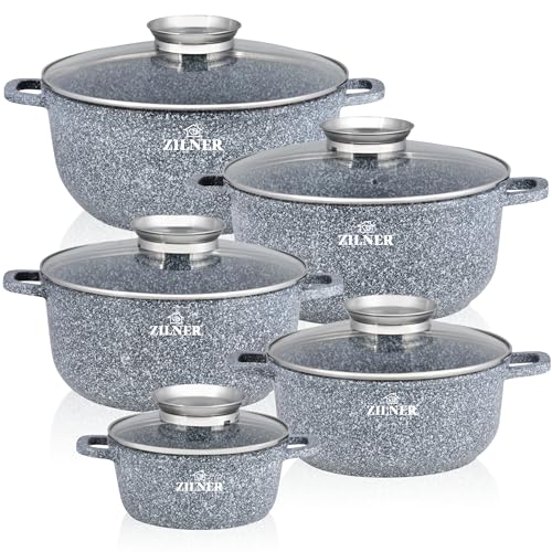 Topfset Induktion 10-Teilig mit Glasdeckel | Kochtopf Set 5 Töpfen aus Aluminiumguss | 5x Kochtöpfe Ø16, 20, 22, 24, 26 cm | PFOA & PFOS-freie | Antihaftbeschichtung aus grauem Granit