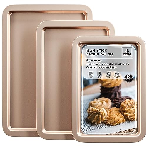 Hongbake Cookie Sheets, Baking Sheet Set, Nonstick Oven Pan With Wider Grips, 3 Pack Half/Jelly Roll/Quarter Baking Tray, Premium & Dishwasher Safe