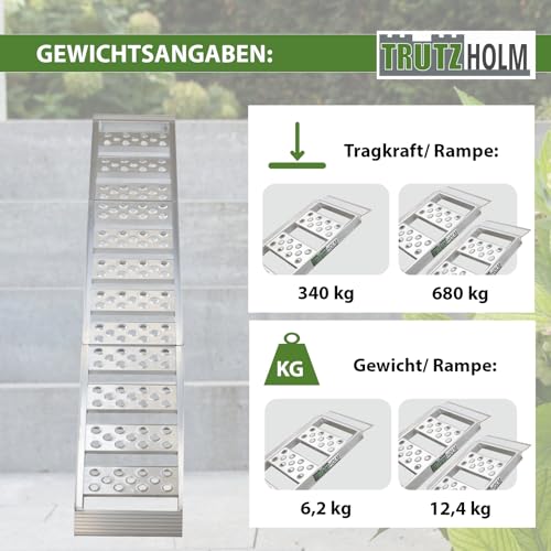 TRUTZHOLM Alu Auffahrrampe 198 cm 340 Kg zweifach klappbar Verladerampe Motorradrampe Klapprampe sehr platzsparend verstaubar und extrem leicht (grau, 1 Stück)