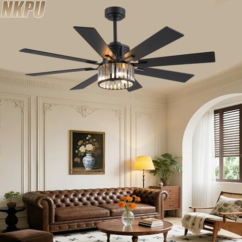 Image of NKPU 52 Inch Farmhouse Crystal Ceiling Fans with Lights and Remote, Chandelier Industrial Ceiling Fan with Dual 8 Blades, 6 Speed Reversible Motor, Timing, Black Ceiling Fan for Living room Bedroom