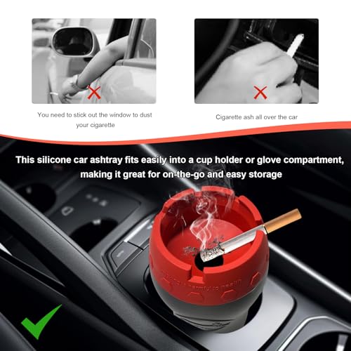 Image of Car Silicone Ashtray, Smokeless Drop-Proof Auto Ash Tray for Cup Holder, Windproof Portable Vehicle Cigarette Ash Tray for Home Outside Office, Interior Car Accessories (Red)