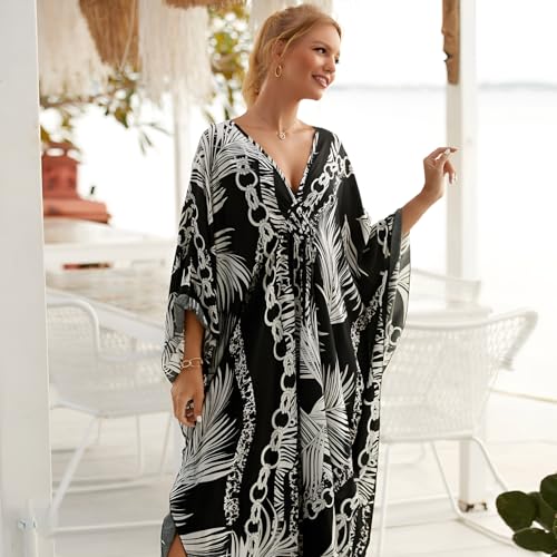 Image of Miss Lavish London Long Kaftan Dress for Women - Summer Printed Plus Size Maxi Caftan, Swimwear Coverup, Resort Wear, Lounge Party Dress, Hawaii Vacation Outfit