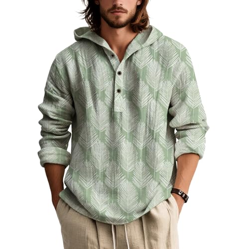 Mens Floral Print Hoodie Fashion Casual Hooded Shirt Long Sleeve Button Hooded Tops Lightweight Summer Clothing