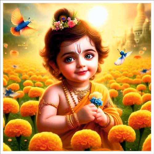 Image of Techgifti Baby Krishna Yellow Flower Wall Poster for Pooja Room, Office, Kids Room (Size- 46CM X 46CM)