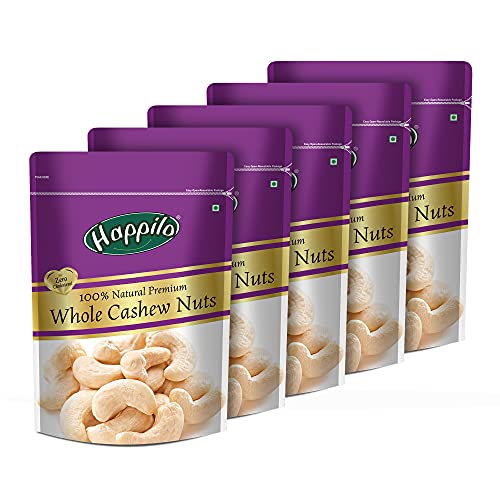 Image of Happilo 100% Natural Premium Californian Almonds,Dried,200g & Premium 100% Natural Californian Walnut Kernels,Dried,200g & Premium 100% Natural Whole Cashews, 200g (Pack of 5)