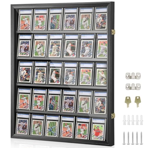 Aumerage Sports Card Display Case, 30 Baseball Card Display Case with UV Protection Lockable Wall Cabinet, Black Frame for Football, Basketball, Hockey Trading Cards 60 x 80 CM