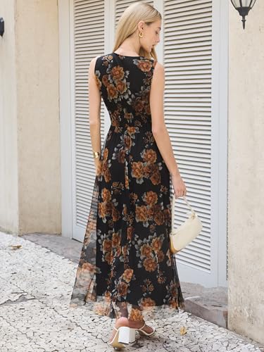 Image of ANRABESS Women's Floral Tulle Wedding Guest Maxi Dress | V Neck Sleeveless,A-Line Elastic Waist,Casual Flowy Formal Boho,Bridal Shower Garden Party Beach Vacation,Summer Fall