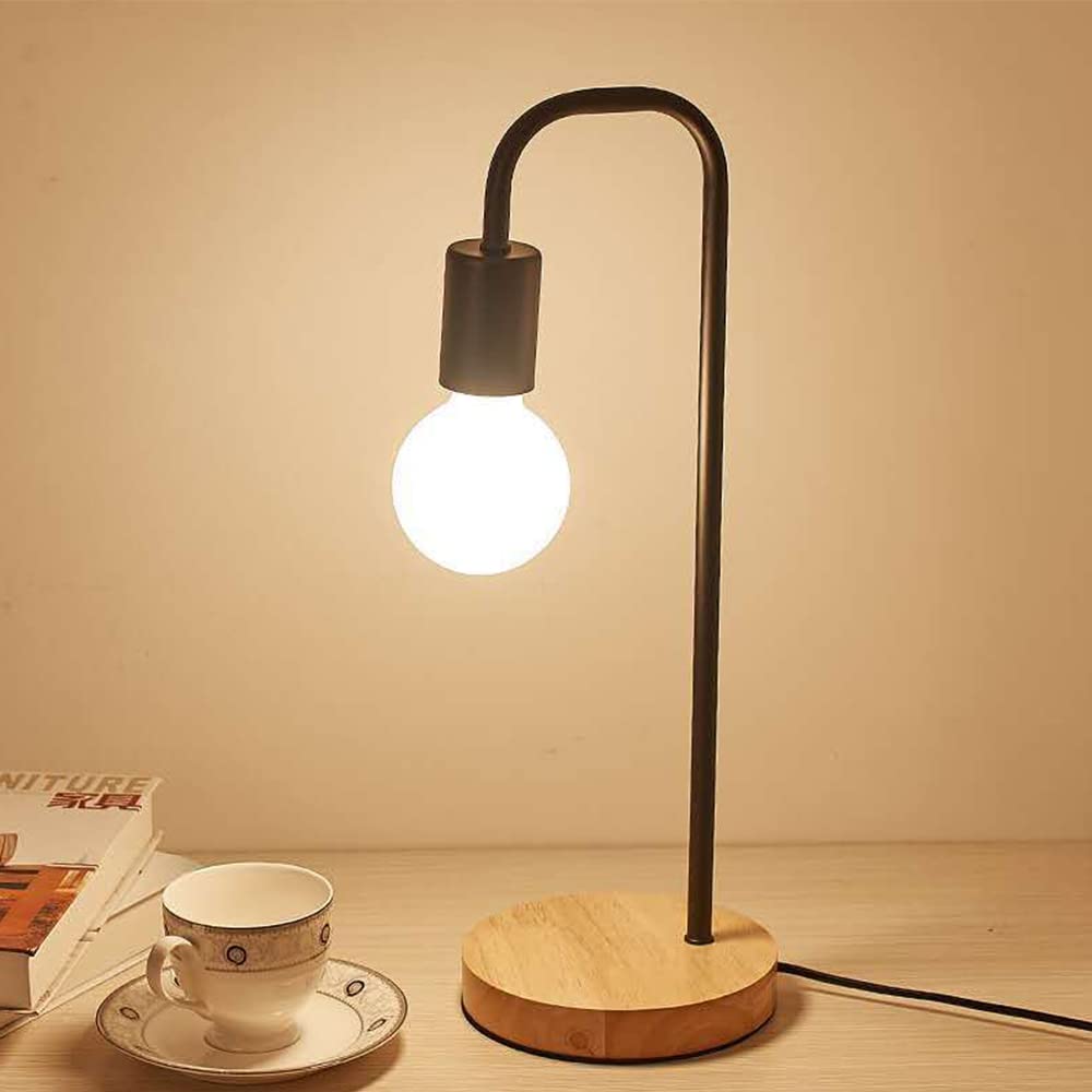 Lámparas de Escritorio Lámpara de Mesa Curva Retro Cable E27 con Interruptor Lámpara de Escritorio de 1 luz Metal Madera Negro