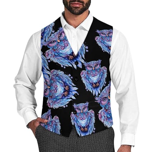 Colorful Owls Men's Suit Vests Business Formal Dress Vest V-Neck Waistcoat for Wedding Casual