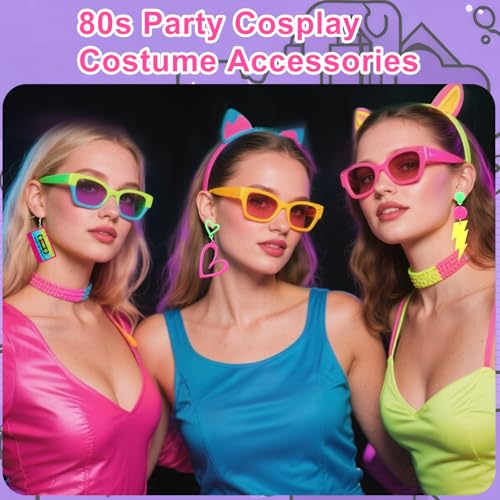 3 Pairs 80s 90s Neon Earrings for Women, Acrylic Retro Heart Tape & Lightning Geometric Dangle Neon Earrings for 80s 90s Disco Theme Party Accessories Glowing Party Jewelry 7