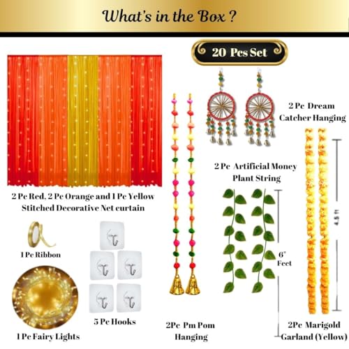 Image of Shimmers Ganapati Decoration Kit | 20 Pcs Ganesh Chaturthi Backdrop Set | 5 Net Curtain Panels, Marigold Garlands, Dream Catchers, Pom Pom Hangings, Leaf Strings, Ribbon & Hooks