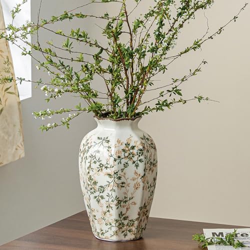 Image of Ceramic Flower Vase | Green Rustic Farmhouse Vase for Home Decor, Vintage Floral Pottery Tuscan Octagonal Vase for Living Room & Kitchen, Mantel & Bookshelf, Centerpieces, Entryway, Wedding(9.1 Inch)