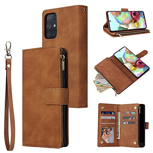 Étui portefeuille Samsung A72 en cuir PU marron avec fermeture éclair et dragonne