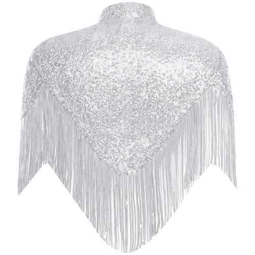 Womens 1920s Sequined Shawl Wraps Sparkly Glitter Fringed Wedding Cape for Evening Party2