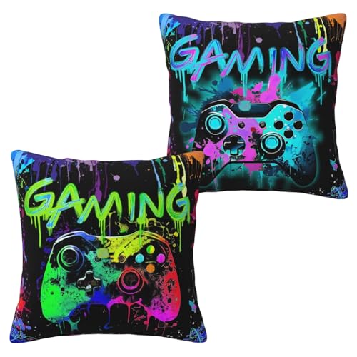 Gamer Gifts for Boys 2PCS Gaming Pillow Covers For Player 45x45cm Watercolour Graffiti Gaming Cushion Covers Gamer Decorative Accessories for Room Throw Pillow Cases For Couch Sofa Office Bedroom (A)