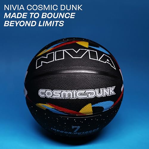 Image of Nivia Cosmic Dunk Basketball, for Men & Women, Durable Molded Rubber Ball with Pebbled Grip, Butyl Bladder, and Nylon Winding for Indoor & Outdoor Play (Size 7, Multicolor)