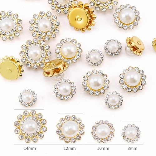 100pcs Sew on Pearls Rhinestones Crystal Gems Glass Sun Flower Jewelry with Gold Claw Mixed 8mm 10mm 12mm 14mm Sewing Flower Claw for Sewing Dress, Clothes, Shoes, Wedding Accessories(19 Pearl)