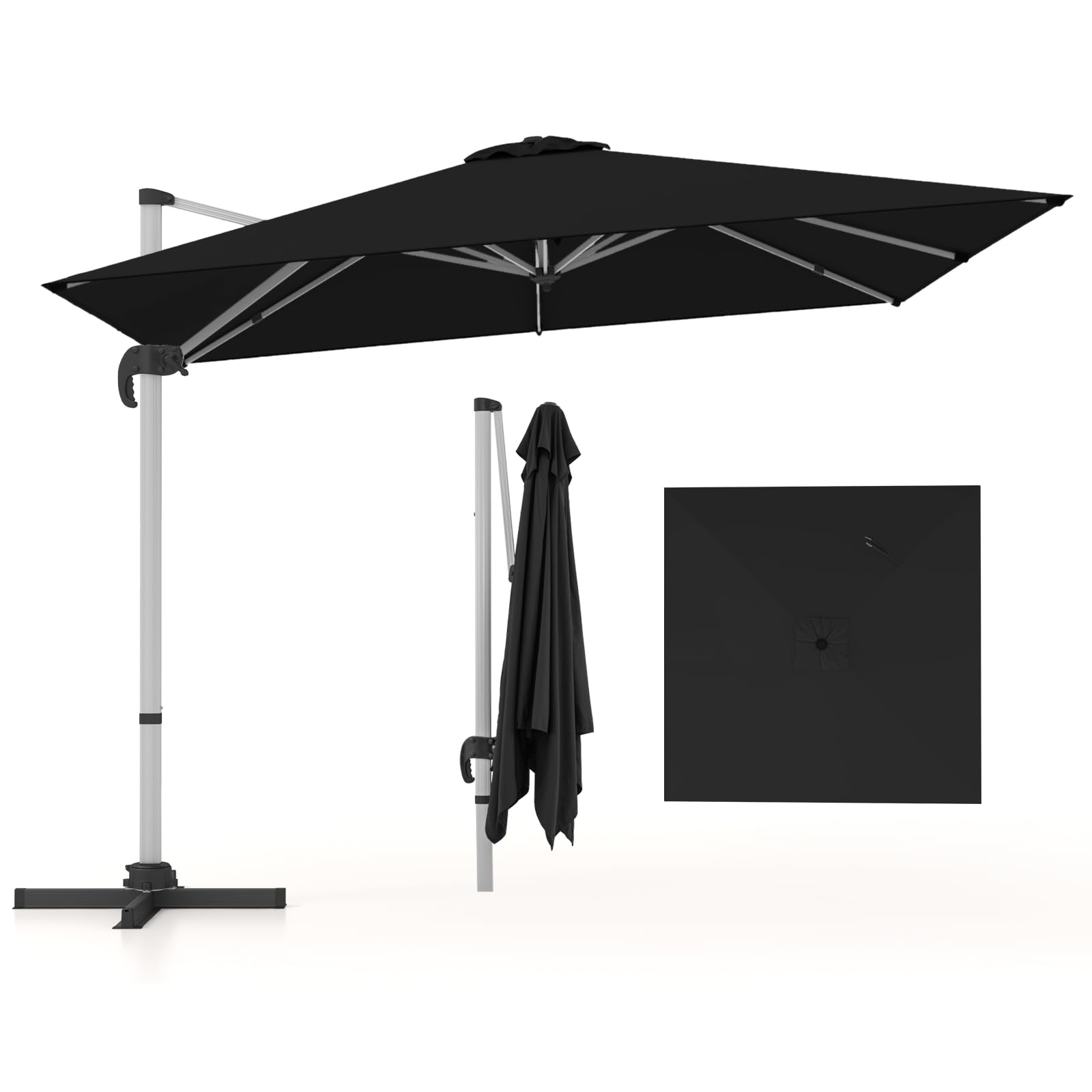 COSTWAY Sombrilla Terraza Exterior rectangular con Base 3x3m, Parasol Jardin Excentrico, Rotación de 360°, Inclinación Ajustable, Guarda Sol Jardin Exterior, Manivela y Base en Cruz