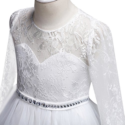 Girls' Tulle Flower Lace Wedding Bridesmaid Dress Long Sleeve Sweetheart Formal Floor Length Evening Gown White with Rhinestone 4-5 Years4