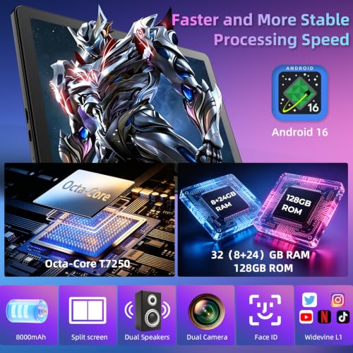 Image of 11 inch Tablet with Keyboard,Android 16 Tablet with Octa Core Processor | 32GB+128GB (1TB Expand),1920x1200 IPS HD Touchscreen,8MP+16MP Dual Camera,Widevine L1,8000mAh , WiFi /GPS,Case Included