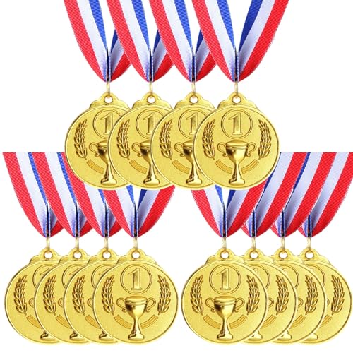 Jiahuade 12 Piezas Medalla de Metal,Medallas para Niños,Medallas de Ganador con Cintas,para Fiesta,Premios Deportivos Día del Deporte Escolar