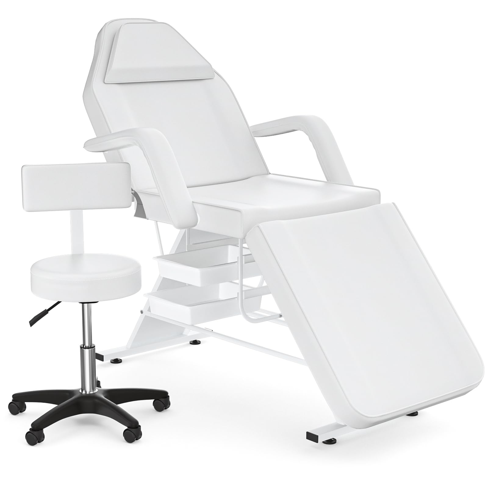 Spa Chair for Esthetician Adjustable Tattoo Chair for Client Professional Facial Bed Comfortable Multi-use Massage Table Heavy Duty for Hold Up to 660lbs, Two Storage Baskets, White
