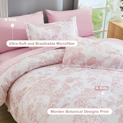Image of DJY Queen Size Comforter Sets, Pink Botanical Comforters with Sheets 7 Pieces Bed in a Bag Queen Elegant Plants Print Christmas Soft Microfiber Reversible Complete Bedding Sets for All Season