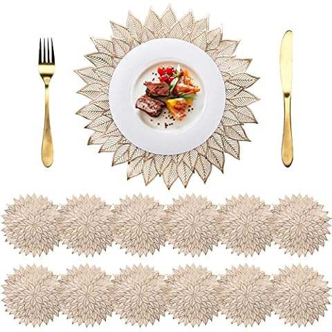 Peohud 12 Pack Gold Placemats, Pressed Vinyl Table Mats, Wedding Accent Centerpiece Placemats for Dinner Table Decor, 15 Inch Cover