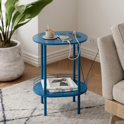 Image of Small Oval Side Table with Charging Station, 2-Tier Blue Round End Table