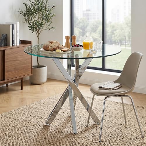 GAWYOEX Mesa de comedor redonda de cristal de 80 cm, mesa transparente con patas de metal, mesa de comedor, cristal templado, mesa redonda para el hogar, comedor, sala de estar (redonda plateada)