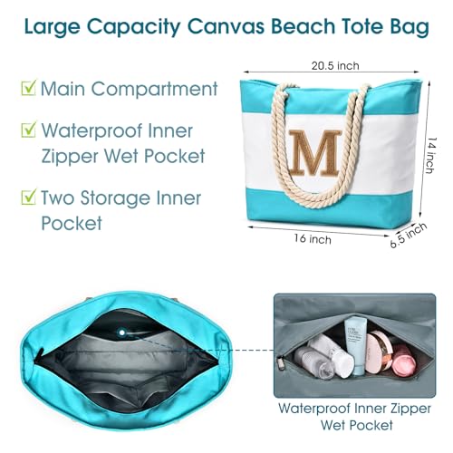 Becokan Initial Beach Bag Waterproof Canvas Beach Tote Bag Zipper Personalized Gifts for Women Her Birthday Travel Essentials4