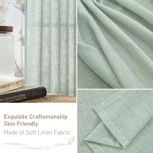 LAMIT 54 Inch Semi Sheer Window Linen Curtains, Light Filtering Panels Back Tab and Rod Pocket Neutral Drapes for Bedroom/Living Room, Light Sage, 2 Panels, 34 x 54 Inch