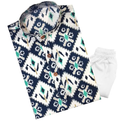 Image of TinySteps Boys Cotton Kurta Pajama | Traditional Ethnic Wear Pure Cotton Printed Kurta With Elastic Waist White Pajama