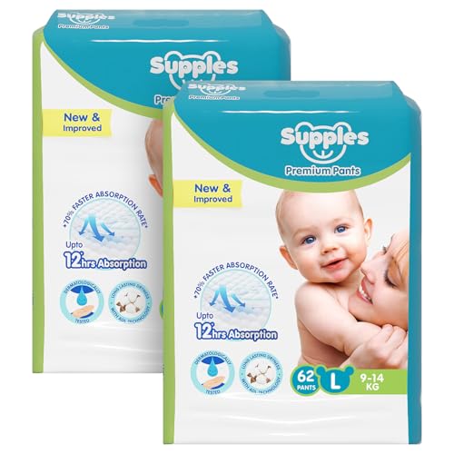 Image of Amazon Brand - Supples Premium Baby Diaper Pants | 124 Baby Diapers | Large | 9-14 Kg | 12 Hrs Absorption | Cushiony Cotton Soft Fabric | Phthalates-Free | Triple Leak Guard | 62 Count, Pack of 2