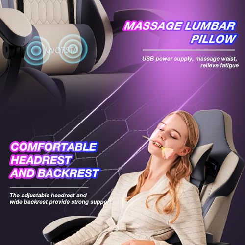Gaming Chairs Massage Game Chair with Footrest Reclination Angle Adjustable Backrest Height Gamer Seat Equiped Retractable Wheels (Beige) image 3