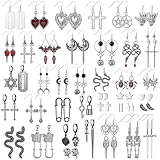 Yinkin 40 Pairs Goth Earrings Set Grunge Punk Rock Dangle Earring Gothic Y2k Jewelry Bat Cross Snake Skull Earrings for Women(Classic)