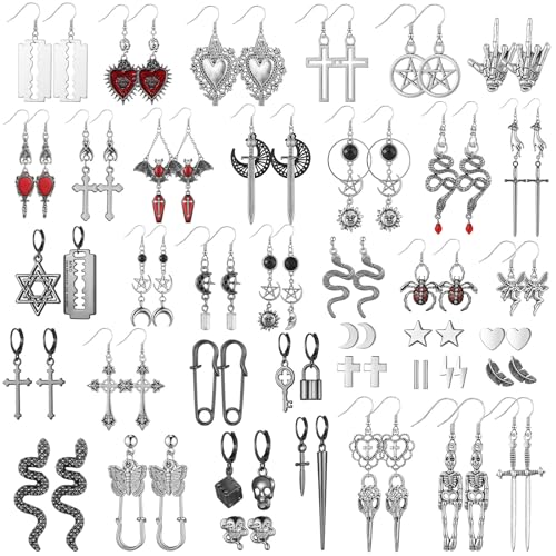 Yinkin 40 Pairs Goth Earrings Set Grunge Punk Rock Dangle Earring Gothic Y2k Jewelry Bat Cross Snake Skull Earrings for Women