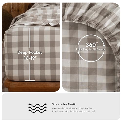 Image of MooMee Gingham Sheet Set 100% Washed Cotton Linen Like Textured Breathable Soft w /Fully Elasticized 16-19 inch Deep Pocket (Buffalo Plaid Tannish Linen Grey, Queen)