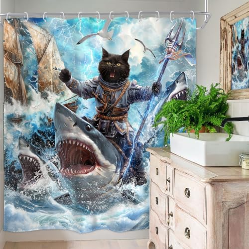Image of Funny Cat Shower Curtain Kids Cool Pirate 72Wx72H Inch Decor