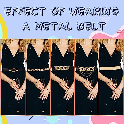 5 Pcs Women Gold Metal Belts - Adjustable Metal Waist Belt - Skinny Elastic Belt - Wide Chain Strap Stretch Ladies Waistband for Dress2