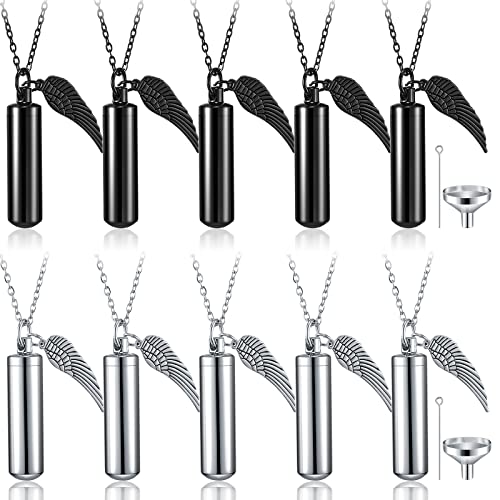 Kigeli 10 Pcs Urn Necklace for Ashes Cremation Jewelry for Human Ashes Bulk for Loved One Women Men with Wing Stainless Steel Cremation Keepsake Memorial Necklace Angel Cylinder Pendant Set