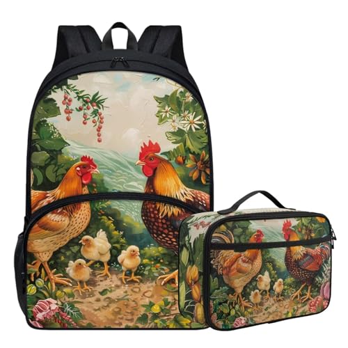 Parprinty Conjunto de mochila com estampa de animal fofo para meninas, meninos, leve, 43 cm, com lancheira, mochila escolar durável, Galinhas de galo, Mochilas Daypack