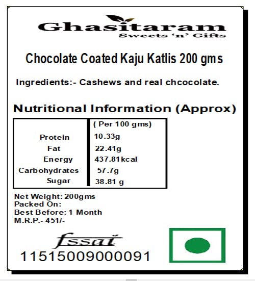 Image of Ghasitaram Gifts Diwali Gifts - Chocolate Coated Kaju Katlis 200 GMS |Diwali,Holi,Rakhi,Valentine,Christmas,Birthday,Anniversary,Gift for Her,Him,Mothers Day,Fathers Day|