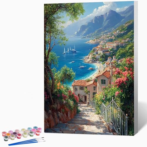 数字油絵 海 ペイントバイナンバー 風景, ナンバーペイント大人のDIYセット(ブラシとアクリル絵の具を含む)、クリエイティブな手作りの油絵セット、女性へのデジタル絵画ギフト、壁の装飾 60×80cm -WX2510216