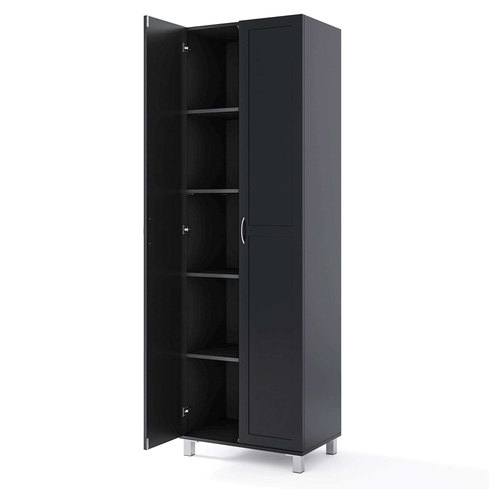 GiantexUK 187cm Tall Kitchen Cupboard, 2 Doors Freestanding Storage Cabinet with Adjustable Shelf & Raised Legs, Wooden Pantry Sideboard Unit for Hallway Dining Living Room (Black)