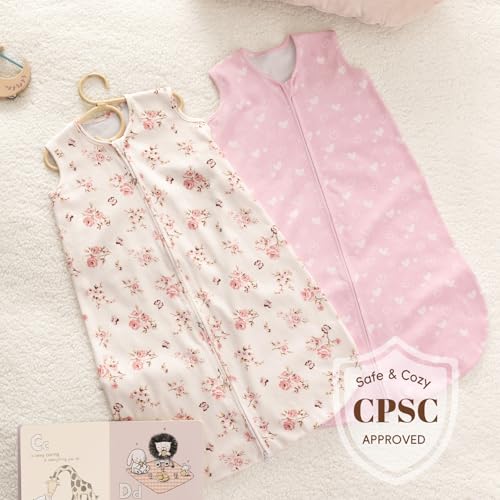 Image of david's kids 2 Pack 100% Organic Cotton Baby Sleep Sack 0-6 Months, Ultra Soft Baby Wearable Blankets with 2-Way Zipper, Comfy Sleep Sack for Infant Newborn Girls Neutral, Small Size, Floral Heart