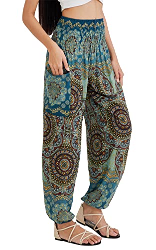Joob Joob Boho Pants For Women - Flowy Loose Harem Hippie Pants - Casual Yoga Bohemian Joggers Comfy Lounge Pajamas Light Blue Medium #TOP2